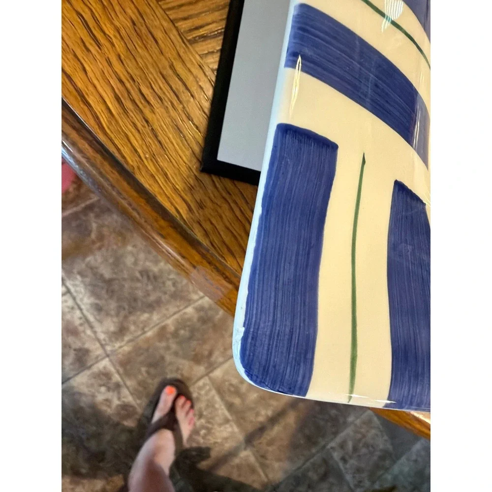 Pfaltzgraff Square Serving Platter‎ Blue Green Striped White Ceramic 16 Inch